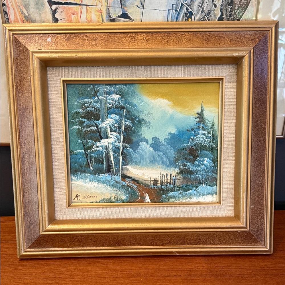 Golden Framed Winter Landscape Art oil, painting, original signed
